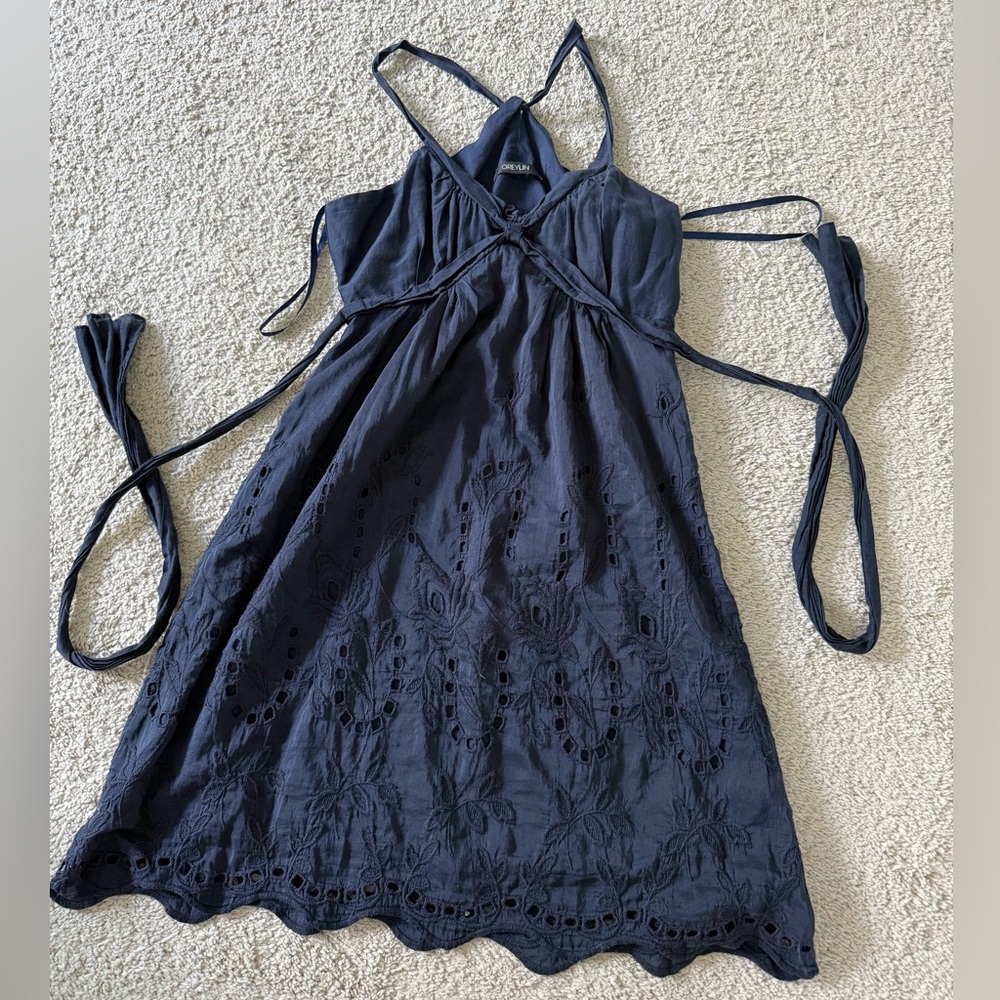 Greyline (Anthropologie) Cotton/Silk Navy Blue Eyelet Dress
